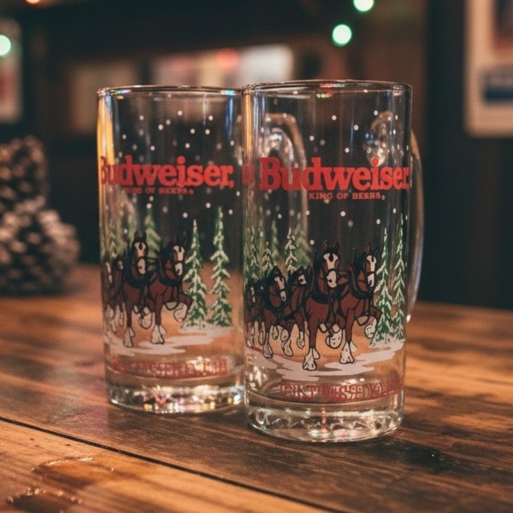 Budweiser‎ Clydesdales Glass Beer Steins, Set of 2, Vtg Anheuser Bush Drinkware